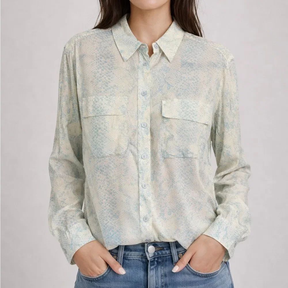 Revolve Equipment Slim Signature Sheer Snake Python Print Button-Up Blouse Sz S